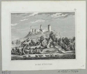 Dorf und Burgruine von Stolpen in der Sächsischen Schweiz, Blick von Süden, aus Schiffners Beschreibung von Sachsen um 1840