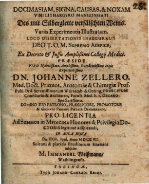 Docimasia, signa, causae et noxam vini, lithargyro mangonisati, des mit Silberglette verfälschten Weins, variis experimentis illustratam