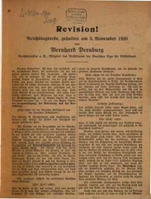 Revision! : Reichstagsrede, gehalten am 5. November 1920 von Bernhard Dernburg