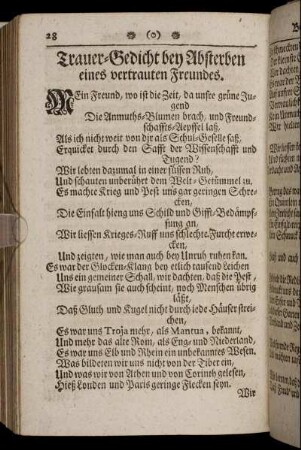 Trauer-Gedicht bey Absterben eines vertrauten Freundes.