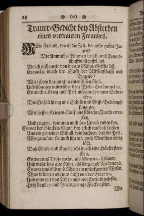 Trauer-Gedicht bey Absterben eines vertrauten Freundes.