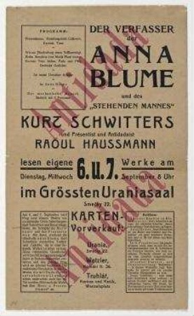 Antidada. Prag. Ankündigung und Programm der Antidada-Merz-Presentismus-Tournee von Kurt Schwitters und Raoul Hausmann, Prag, 6./7. September 1921.