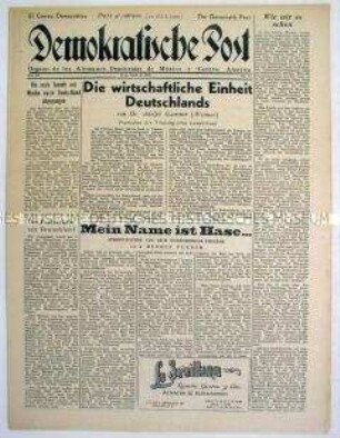Wochenzeitung deutscher Emigranten in Mexico "Demokratische Post" u.a. zur deutschen Einheit