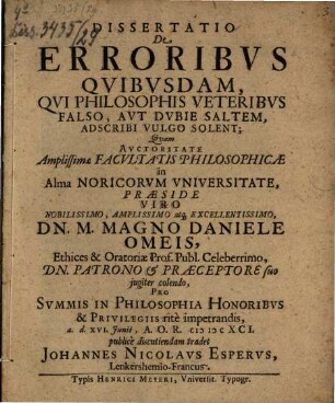 Diss. de erroribus quibusdam, qui philosophis veteribus falso aut dubie saltem, adscribi vulgo solent