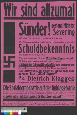 Plakat der NSDAP zu einer öffentlichen Parteiversammlung am 18. Februar 1931 in Braunschweig