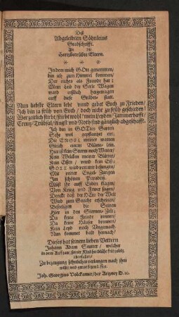 Deß Abgeleibten Söhnleins Grabschrift . An die hertzbetrübte Eltern.