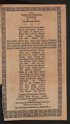 Deß Abgeleibten Söhnleins Grabschrift . An die hertzbetrübte Eltern.