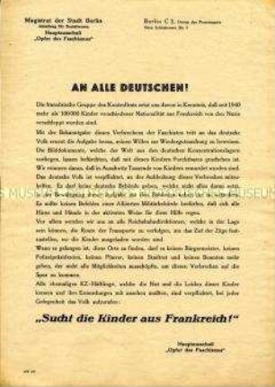 Aufruf des Magistrats von Berlin zur Suche nach Kindern, die von den Nazis aus Frankreich verschleppt wurden