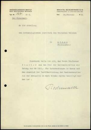 G. Rodenwaldt an DAI Athen