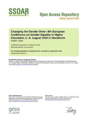 Changing the Gender Order: 6th European Conference on Gender Equality in Higher Education, 5.–8. August 2009 in Stockholm