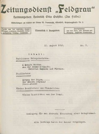 12.1916: Zeitungsdienst Feldgrau