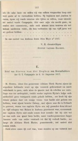 E. Brief van Steven van der Haghen aan Bewindhebbers der O. I. Compagnie in d. 14 Augustus 1617