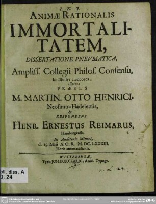 Animae rationalis immortalitatem : dissertatione pneumatica