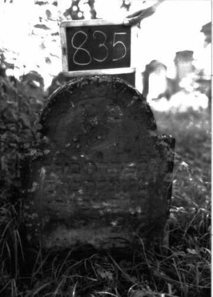 Grabstein 835 (Index: 100102911) Material: Sandstein Zustand: stark verwittert Maße HxBxT: 71x55x9 cm Beschreibung: Stele, eingezogener Rundbogenabschluss, Schriftfeld durch umlaufende Rille abgeteilt: Grabstein 835