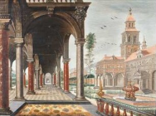 Idealarchitektur eines Palastes mit Springbrunnen und Säulengang