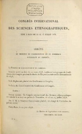 Congrès international des sciences ethnographiques, tenu à Paris du 15 au 18 juillet 1878