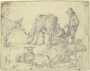 Ein Bauer und eine junge Frau, eine Kuh melkend, dabei zwei weitere Kühe und ein Schaf