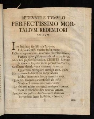 Redeunti e tumulo perfectissimo mortalium redemtori sacrum
