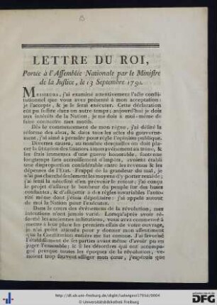 Lettre Du Roi, Portée à l'Assemblée Nationale par le Ministre de la Justice, le 13 Septembre 1791.