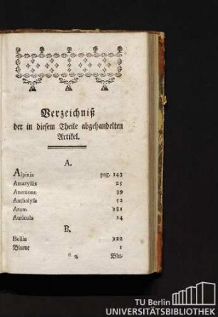 Verzeichniß der in diesem Theile abgehandelten Artikel.
