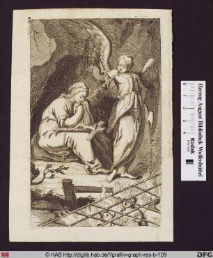 Frau mit Kruzifix und Rosenkranz neben einem Engel mit Geißel, darunter die Seelen in der Hölle mit Teufel.