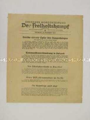 Nachrichtenblatt der sächsischen NSDAP-Zeitung "Der Freiheitskampf" mit Kurzmeldungen von verschiedenen Kriegsschauplätzen u.a. über die indische Hungersnot