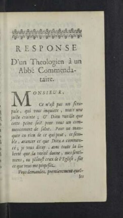 Response d'un Theologien à un Abbé Commendataire.