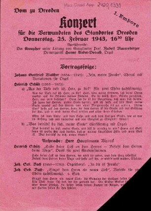 Programmzettel des Konzertes vom 25. Februar 1943 für die Verwundeten des Standortes Dresden im Dom (Frauenkirche) zu Dresden. Vorderseite