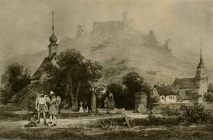 Landschaftsgemälde mit Personen und zwei Kirchtürmen und der Burgruine Nanstein im Hintergrund