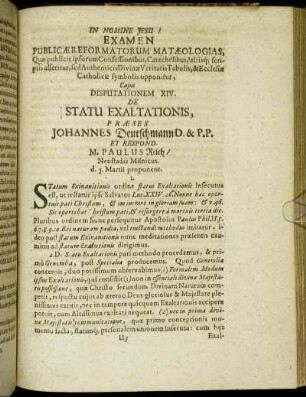 Disputationem XIV. De Statu Exaltationis