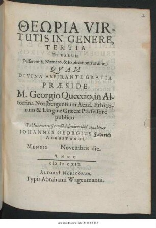Theōria Virtutis In Genere, Tertia De Earum Differentiis, Numero, & Explicationis ordine