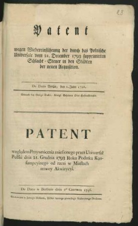 Patent wegen Wiedereinführung der durch das Polnische Universale vom 21. December 1793 supprimirten Schlacht-Steuer in den Städten der neuen Acquisition : De Dato Berlin, den 2. Juny 1796