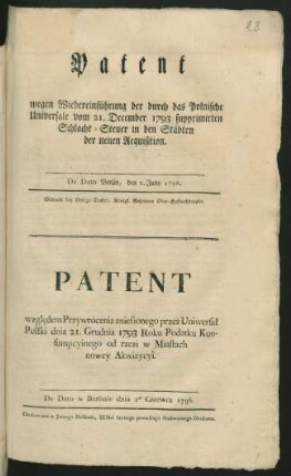 Patent wegen Wiedereinführung der durch das Polnische Universale vom 21. December 1793 supprimirten Schlacht-Steuer in den Städten der neuen Acquisition : De Dato Berlin, den 2. Juny 1796