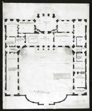 Entwurf für ein Schloß : Entwurf für ein Schloß. Grundriß (EG). Feder, Tusche, farbig laviert; 54,8 x 45,0 cm (Blattgröße). Aus: Plans et elevations des differentes maisons et batiments, 1750. Verwalter: Sächsische Landesbibliothek - Staats- und Universitätsbibliothek Dresden (SLUB) Archit.269