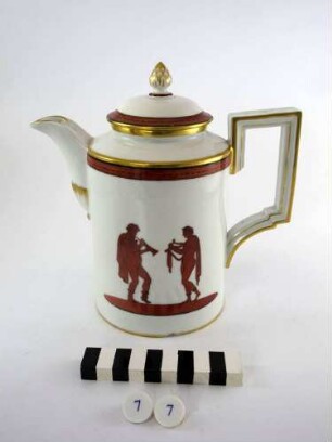 Kaffeekanne und Becher mit griechisch-rotfiguriger Malerei