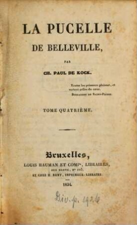 La pucelle de Belleville, 4. (1834). - 2 Bl., 186 S., 1 Bl.