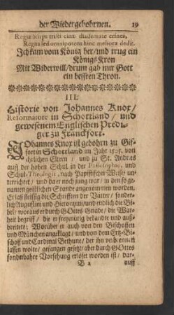 III. Historie von Johannes Knor / Reformatore in Schottland / und gewesenem Englischen Prediger zur Franckfort
