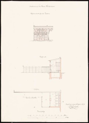 Wohnhaus Hildebrandt mit Gaststätte, Breslau: Toilettenhaus Grundriss, Aufriss, Schnitt, Maßstabsleiste (Fuß und Meter)