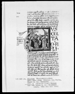 Stephan von Paris, Auslegung der Regel des heiligen Benedikt — Initiale A (usculta), darin der Knabe Benedikt im Kreise ihn erziehender Frauen, Folio 2recto