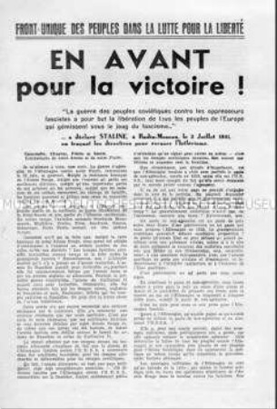 Propagandaflugblatt der Alliierten für die französische Bevölkerung zur Rede Stalins anlässlich des deutschen Überfalls auf die Sowjetunion (französisch)