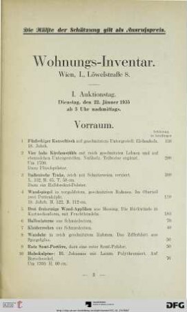 I. Auktionstag: Dienstag, den 22. Jänner 1935, ab 3 Uhr nachmittags (Nr. 1-177)