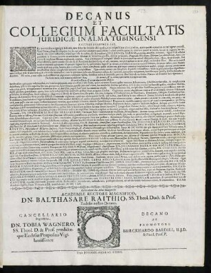 Decanus Et Collegium Facultatis Juridicae In Alma Tubingensi Lectori Benevolo Sal.