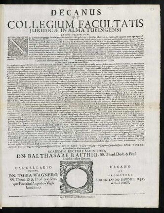 Decanus Et Collegium Facultatis Juridicae In Alma Tubingensi Lectori Benevolo Sal.