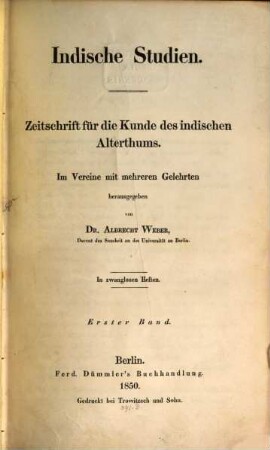 Indische Studien : Beiträge für d. Kunde d. indischen Altertums. 1. 1850