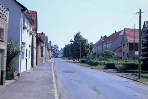 Straße und paralleler Grünstreifen mit Bäumen, Grünanlagen; beidseitig Häuserzeilen