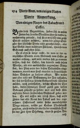 Vierte Anmerkung. Von einigen Nutzen des Tabacks und Coffee.