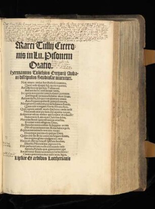 Marci Tullij Cicero=||nis in Lu. Pisonem || Oratio.|| ... ||