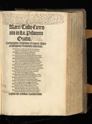 Marci Tullij Cicero=||nis in Lu. Pisonem || Oratio.|| ... ||
