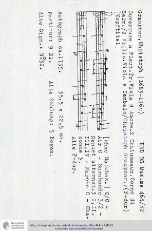 Ouverture a Flaut. Tr. Viola d'Amore. 2 Chalumeaux. Corno di Selv. / 2 Violin. Viola e Cembalo / Christoph Graupner.