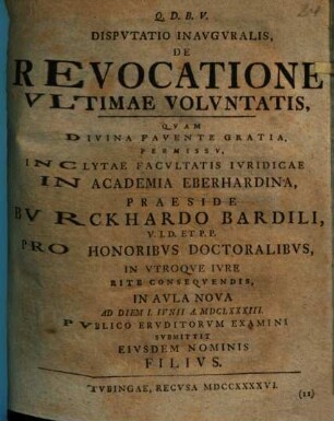 Disputatio inauguralis de revocatione ultimae voluntatis